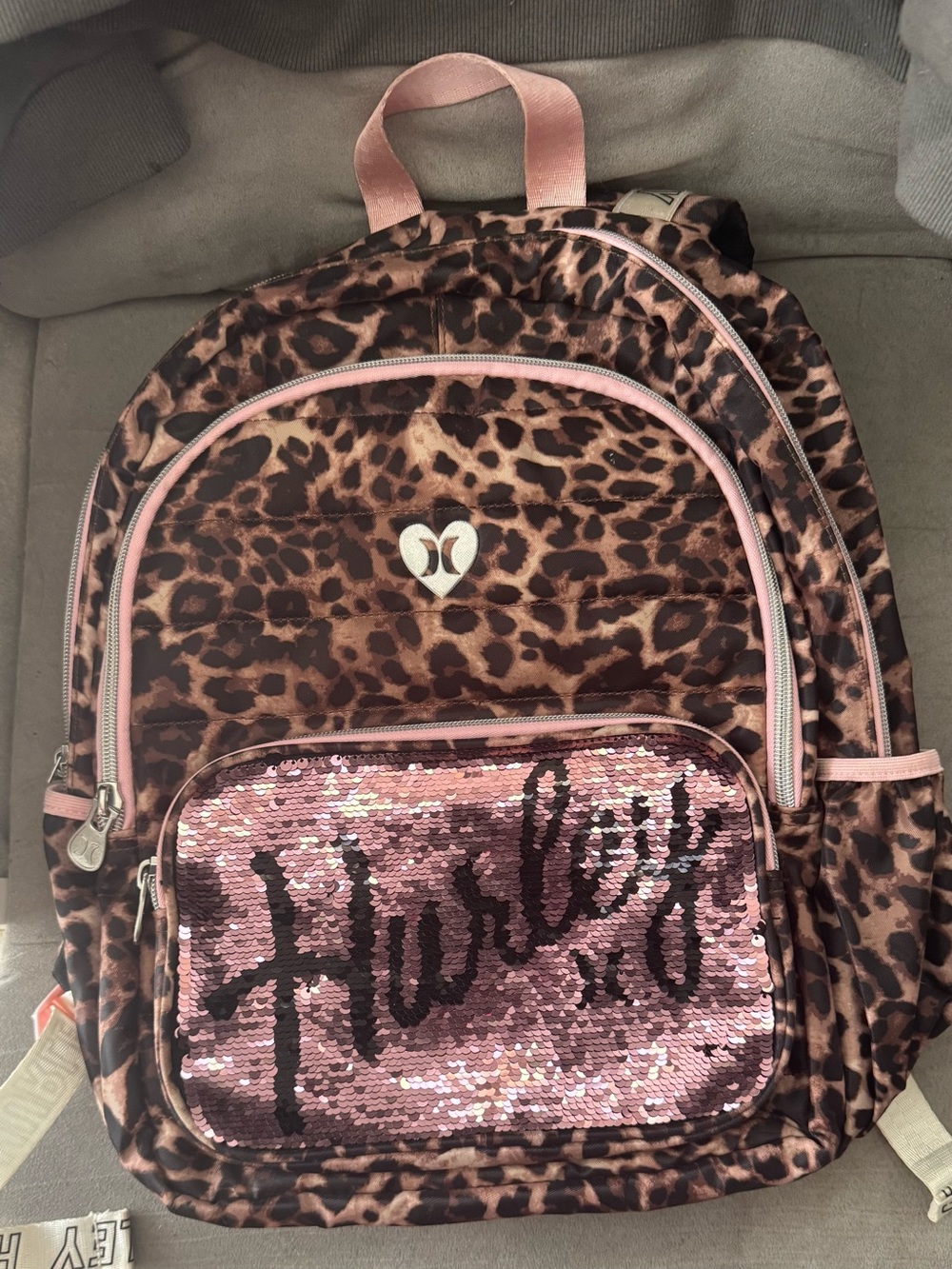 Hurley Leopard Print Backpack with Pink Sequin Front Pocket